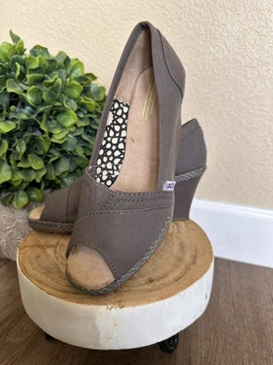 Tom’s Gris Tacón de Cuña Zapatos Sandalias Peep Toe Calypso Lona Para Mujer Talla 8W Foto 1 de 4