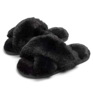 Women's Soft Furry Black Slippers Sizes UK 4 & 6 Crossband Cosy House Shoes - Picture 1 of 2