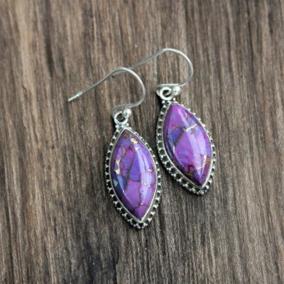 Viola Rame Gemma Pietra Turchese 925 Sterling Argento Artigianale Orecchino - Immagine 1 di 4