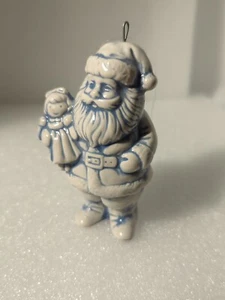 Vtg Porcelain Norway Santa Holding A Child's Doll Ornament. Unique Blue/White - Picture 1 of 7