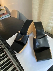 Hermes black leather wooden wedge heels 40 tan cream sandals mules platforms - Picture 1 of 7