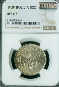 1939 BOLIVIA 50 CENTS KM182 HORSE SUN MOUNTAIN NGC MS63 PQ MAC SPOTLESS * - Picture 1 of 2