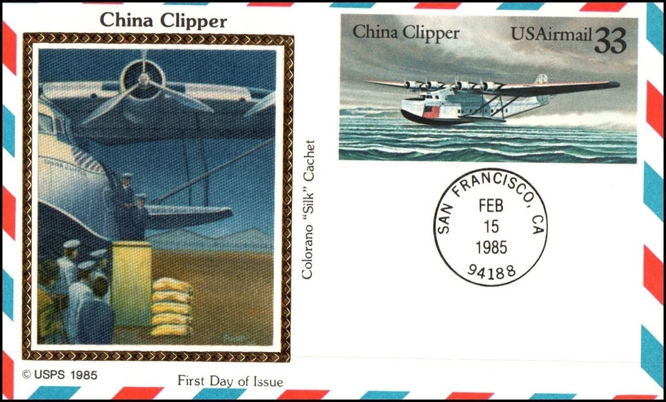 USA Post Card - 1985 - $.33 Airmail China Clipper, SC UXC22 Colorano Silk FDC - Image 1 of 1