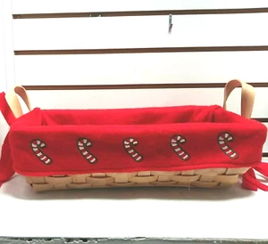 Woven Wood Rectangular Basket w Handles & Red Felt Candy Cane Liner 15" x 7.25" - Picture 1 of 11