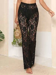 Black Sheer Lace High Waist Bikini Swimsuit Cover Up Resort Pants - Picture 1 of 12