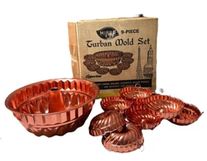 VINTAGE MIRRO Coppertone Turban Mold Set 9 Pcs w/Box  1 - 9 Cup + 8 - 5 oz Molds - Picture 1 of 5
