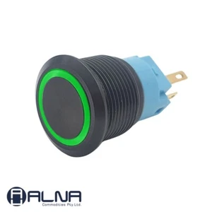 Switch Push Round Latching Black ON/OFF 12V 19mm NO/NC IP67 GREEN LED RING - Picture 1 of 6