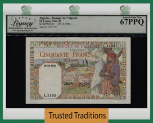 TT PK 87 1942-45 ALGERIA 50 FRANCS AMAZING HIGH QUALITY LCG 67 PPQ NONE FINER - Bild 1 von 2