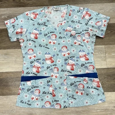 UA Scrubs Scrub Top Sz Small Snowman “Let It Snow” Winter Christmas Snap Pockets - Image 1 of 4