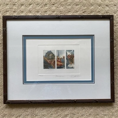 Tríptico vintage firmado por artista ARMONII numerado enmarcado paisaje medieval Foto 1 de 4