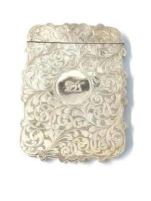 Antiguo tarjetero inglés de plata de ley Birmingham c. 1845. Urna floral y león Foto 1 de 4