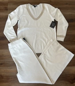 Boston Proper Rhinestone Stripe Lounge Set White Sz M Wide Leg Pants NWT - Picture 1 of 13