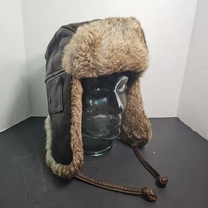 Crown Cap Brown Leather Rabbit Fur Aviator Trapper Ear Flap Lined Winter Large - Picture 1 of 10