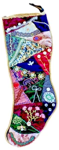 Vtg Handmade Patchwork CrazyQuilt Christmas Stocking Velvet Embroidery Cats Dove - Picture 1 of 20