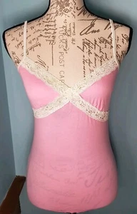 Victoria’s Secret Pink Sz XS/S Pink Off White Lace Trim Cami Tank Top Y2K - Picture 1 of 8