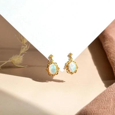 Pendientes Art Deco Ópalo, Pendientes Plata 925 Chapados en Oro, Regalo para mamá Foto 1 de 3