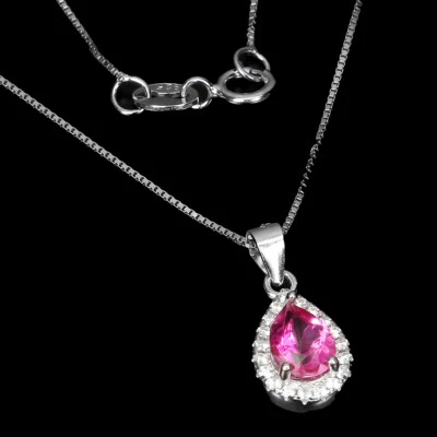 925 Sterling Silver Surface Coated Pear Pink Topaz 7x5mm Simulated Cz Necklace - Image 1 of 4