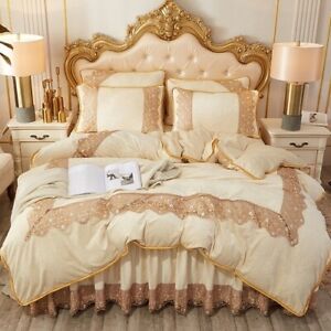 Elegant Bedding Set Velvet Bed Skirt Lace Duvet Cover Pillowcase for Winter