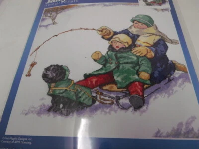 Janlynn WINTER FUN Kids Sledding w Dog  Counted Cross Stitch Kit 12" x 12" - Image 1 of 4