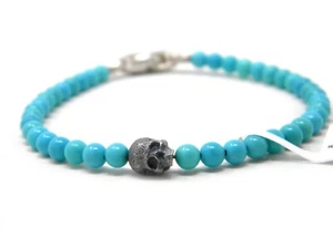 David Yurman 4mm Skull Bead Bracelet Chinese Turquoise / Sterling Silver NWT - Picture 1 of 5