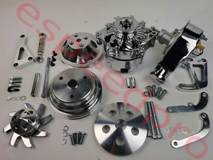 Kit de polea y soporte SBC SB Chevy 350 con bomba de dirección asistida y alternador cromado - Imagen 1 de 13