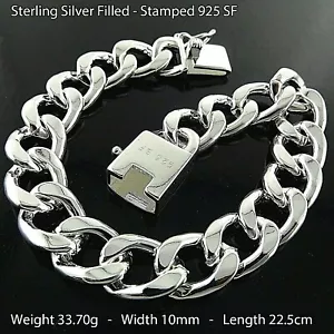 Men's Real 925 Sterling Silver Filled Solid Curb Statement Link Box Clasp 22.5cm - Picture 1 of 3