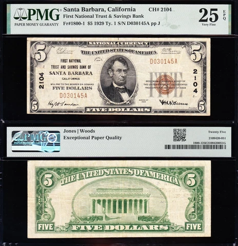 NICE *RARE* Bold & Crisp VF+ 1929 $5 SANTA BARBARA, CA National Note! PMG 25 EPQ Cover