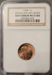 1998 1C Mint Error MS 65 RD Struck 20% Off Center - Picture 1 of 2