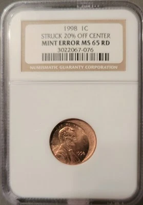 1998 1C Mint Error MS 65 RD Struck 20% Off Center - Image 1 of 2