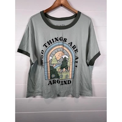 Wound Up Womens 2X Good Things Graphic Print Olive Green Ringer Tee T-Shirt - Image 1 of 4