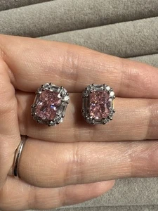 2 CT Pink Mossanite Radiant Cut Earrings 18 K Plated Sterling Silver - Picture 1 of 4