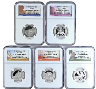 Five 2012 Silver 25C PF 69 Ultra Cameo NGC Graded National Park Proof Quarters - Image 1 of 2