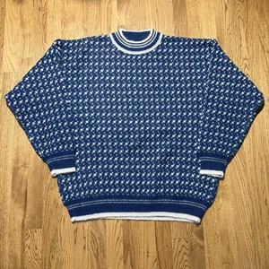 Vintage Birds Eye Pattern Sweater Herren L Blau Schurwolle Pulli Nordic USA - Bild 1 von 9