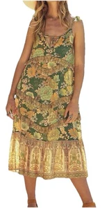Nine Lives Bazaar Green “Zinnia” Floral Art Nouveau Print Dress AU 20 US 16 - Picture 1 of 11