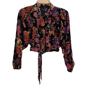 RACHEL/Rachel Roy Cropped Top Long Sleeves Casual Size XS Flower Floral Tied - Picture 1 of 9
