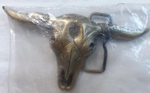 Brass Longhorn Cattle Steer Cow Skull Cowboy Western Vtg Belt Buckle NIP - Picture 1 of 3