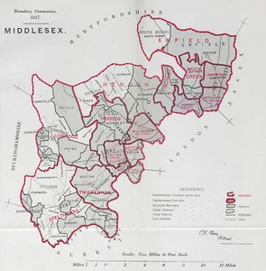 Middlesex Parliamentary County. GRENZKOMMISSION. Schließen 1917 alte Karte - Bild 1 von 1