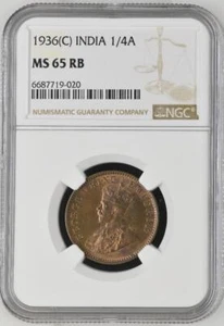 India 1/4 Anna 1936C NGC MS 65 RB - Picture 1 of 2