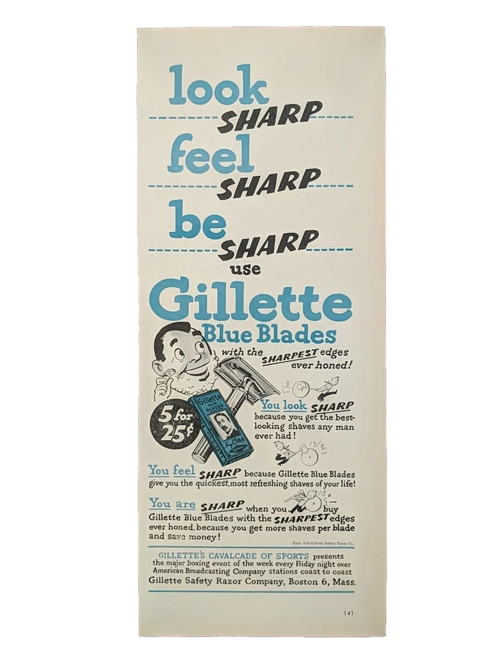 Anuncio impreso de hojas de afeitar Gillette 1946, anuncio de hojas azules posterior a la Segunda Guerra Mundial  Foto 1 de 1