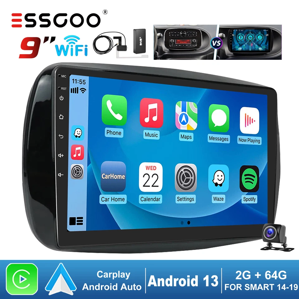 9" Android 13 Carplay DAB+ Autoradio GPS 64G Cam Für Benz Smart Fortwo 453 14-19 - Bild 1 von 4