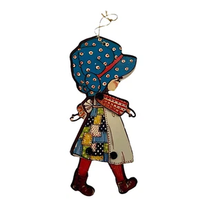 Girl Bonnet Paper Articulated Ornament Holiday 6" Patchwork Dress - Picture 1 of 6