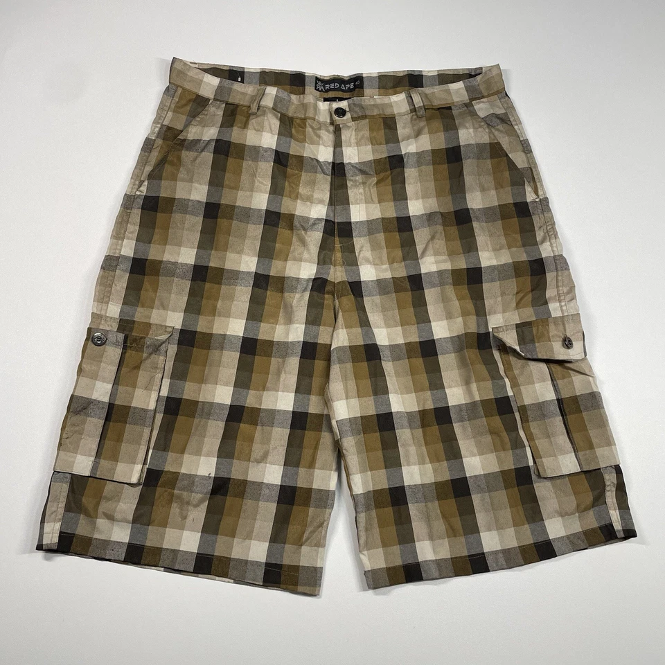 Pantalones Cortos Red Ape Para Hombre 40 Marrón Gris Cuadros Carga Y2K Sueltos Foto 1 de 4