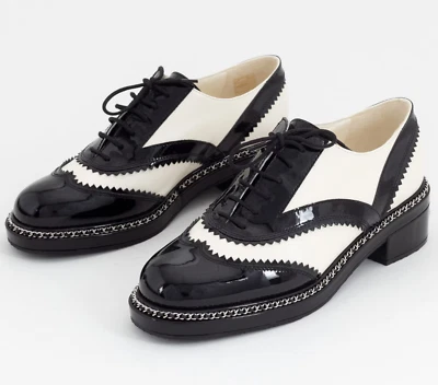 Chanel 19K Black White CC Logo Chain Around Lace Up Tie Flat Oxford Loafer 36.5 - Image 1 of 4