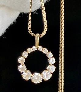 10k Gold Open Circle White Topaz Round Pendant Chain Necklace Fine Graduated VTG - Picture 1 of 24