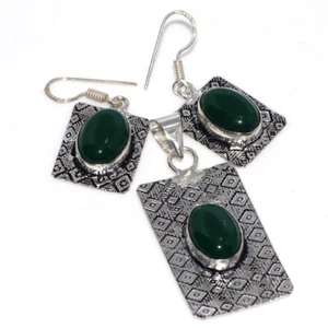 925 Silver Plated Green Onyx Pendant Earrings Set Jewelry Size 1.5|2" GW - Picture 1 of 3