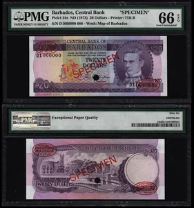 BARBADOS 20 DOLLARS (P34sdlr) N. D. (1973) TDLR SPECIMEN PMG GEM UNC 66EPQ - Picture 1 of 1