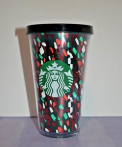 Vaso Starbucks 16 oz taza fría rojo verde confeti tapa de viaje 2019 Navidad - Imagen 1 de 3