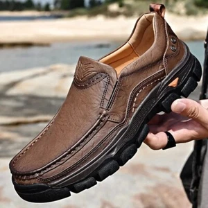 Genuine Leather Platform Loafers Men Outdoor Non-slip Slip on Flat Hiking Shoes - Picture 1 of 20