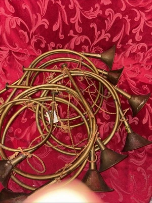 8 Vintage Brass French Horn Bugle Decor Christmas Ornaments 12” & 7” INDIA Lot - Image 1 of 4