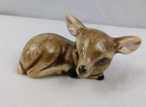 Miniature Deer Fawn Brown Glazed Ceramic Sitting Lying Cute - Picture 1 of 6